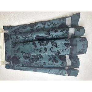 Women’s M Skirt Teal Black Floral Flocked Velvet A-Line Elastic Waistband